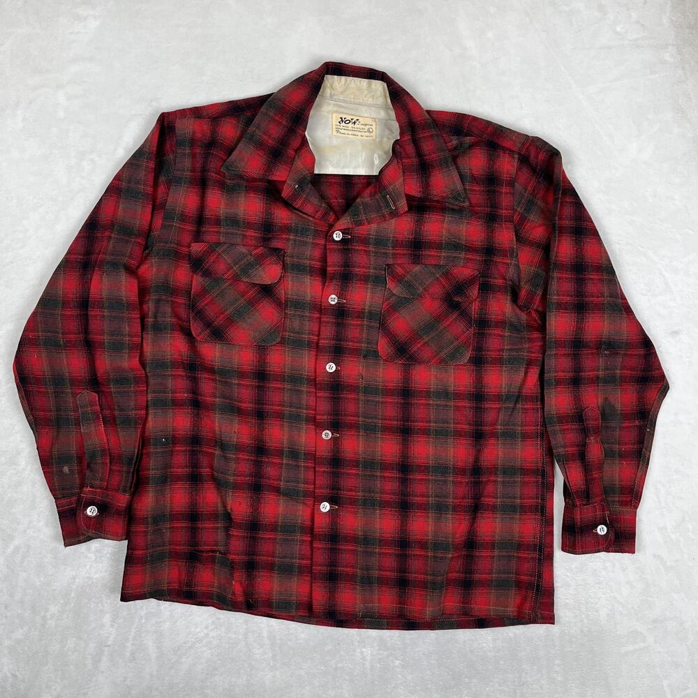 VTG Now in California Plaid Flannel Long Sleeve Wool Shirt Mens L Red Button 70s